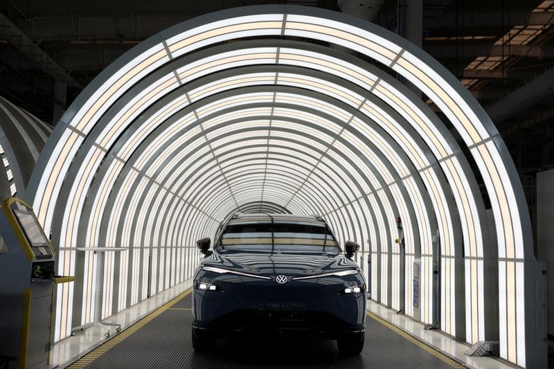 FILE PHOTO: Electric vehicle production line at Volkswagen factory in Hefei
