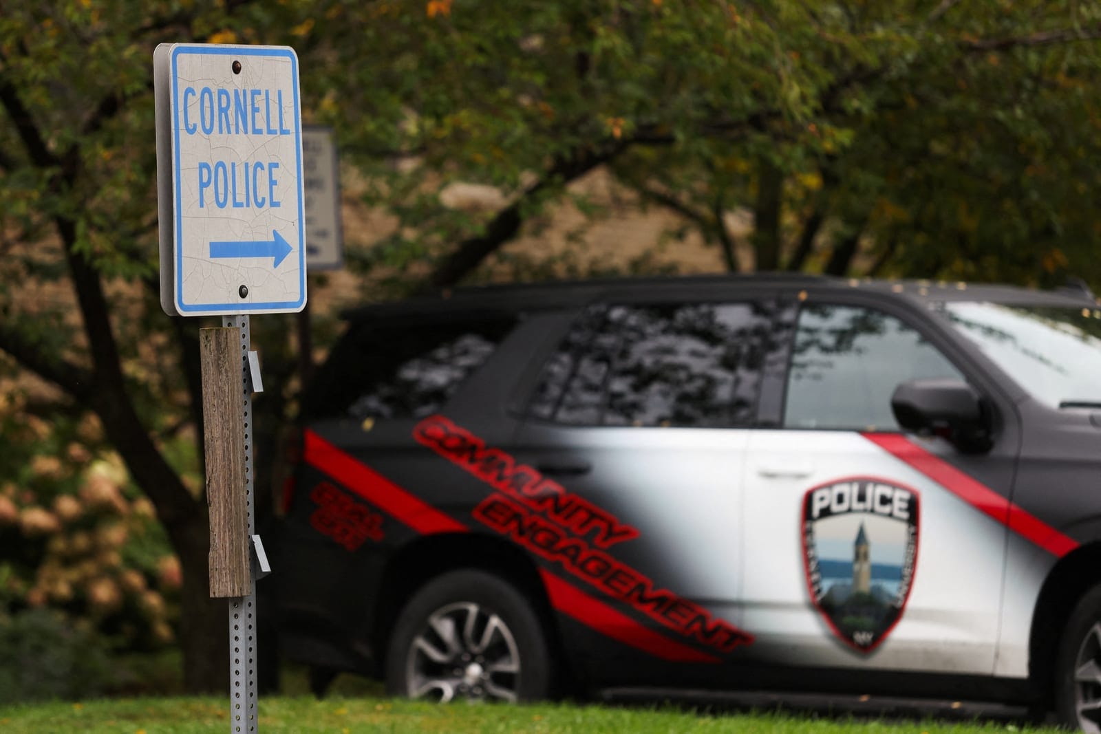 A sign points to the Cornell University Police building in Ithaca, New York, US, October 1, 2026. REUTERS/Lauren Petracca