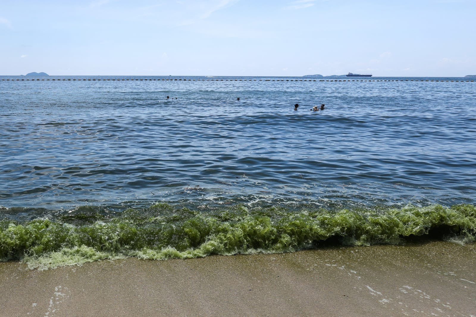 Tourists swim in green seawater associated with a plankton bloom, in Koh Lan, Pattaya, Chonburi province, Thailand, October 1, 2026. REUTERS/Athit Perawongmetha