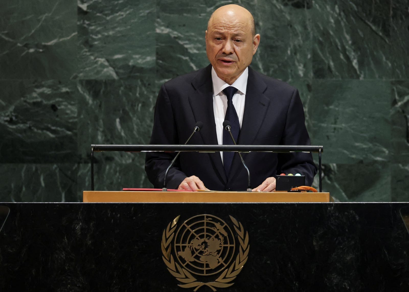 President of Yemen's Presidential Leadership Council Rashad al-Alimi addresses the 80th United Nations General Assembly (UNGA), at the U.N. headquarters in New York, U.S., September 25, 2025. REUTERS/Jeenah Moon