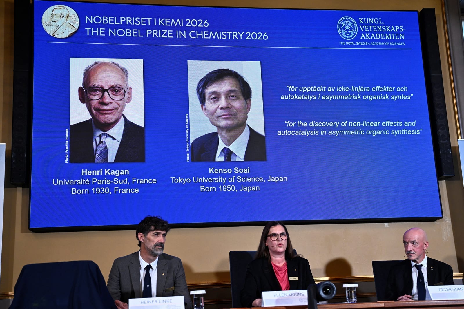 Henri Kagan and Kenso Soai are awarded the 2026 Nobel Prize in Chemistry during a press conference at the Royal Swedish Academy of Sciences in Stockholm, Sweden, October 7, 2026. TT News Agency/Fredrik Sandberg via REUTERS REUTERS/Fredrik Sandberg/TT