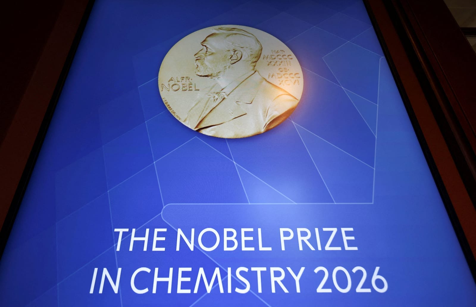 A view of the sign for the Nobel Prize in Chemistry in the Royal Swedish Academy of Sciences ahead of the announcement of the 2026 Nobel Prize in Chemistry in Stockholm, Sweden, October 7, 2026. REUTERS/ Tom Little