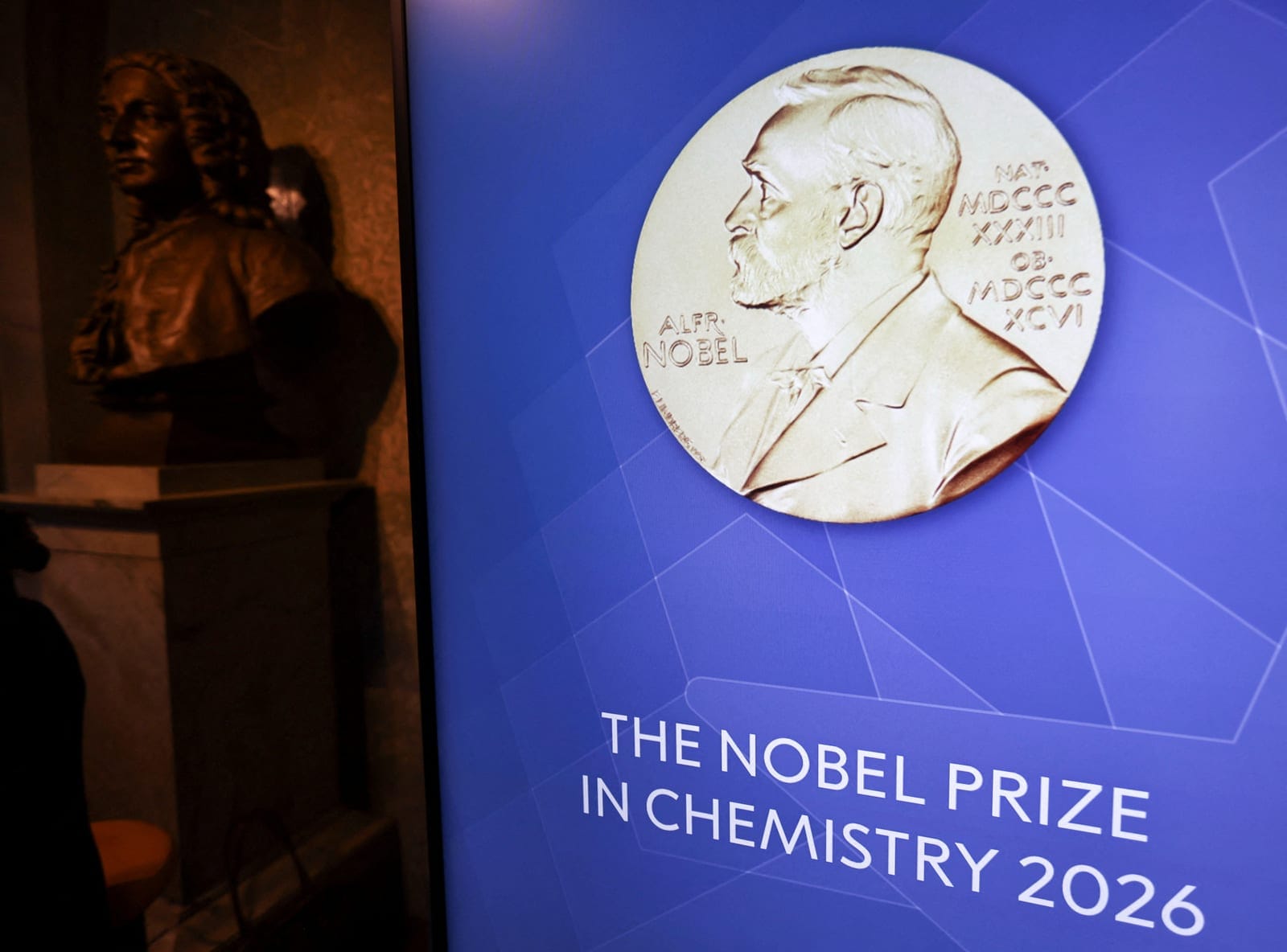 A view of the sign for the Nobel Prize in Chemistry in the Royal Swedish Academy of Sciences ahead of the announcement of the 2026 Nobel Prize in Chemistry in Stockholm, Sweden, October 7, 2026. REUTERS/ Tom Little