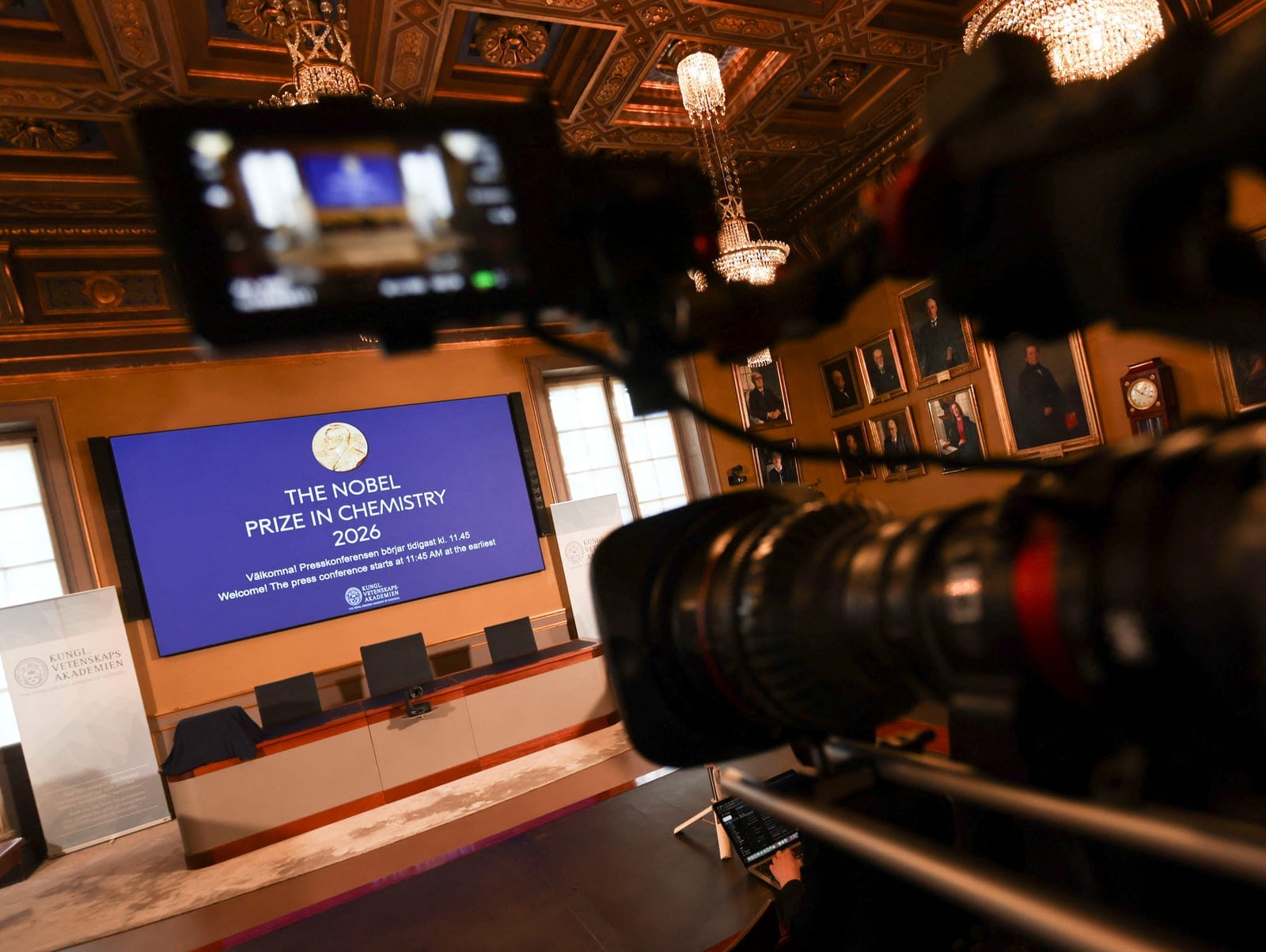 A view of the sign for the Nobel Prize in Chemistry in the Royal Swedish Academy of Sciences ahead of the announcement of the 2026 Nobel Prize in Chemistry in Stockholm, Sweden, October 7, 2026. REUTERS/Tom Little