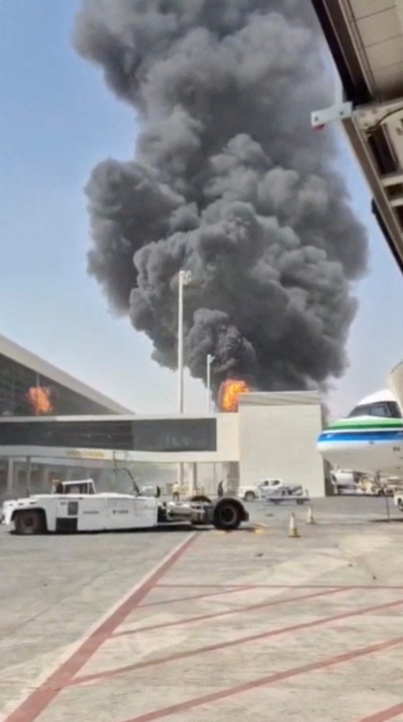 Smoke and flames rise from King Khalid Airport, after Yemen’s Iran-backed Houthis said they attacked the airport, in Riyadh, Saudi Arabia, October 8, 2026, in this screengrab obtained from a social media video. Social Media/via REUTERS REUTERS/Social