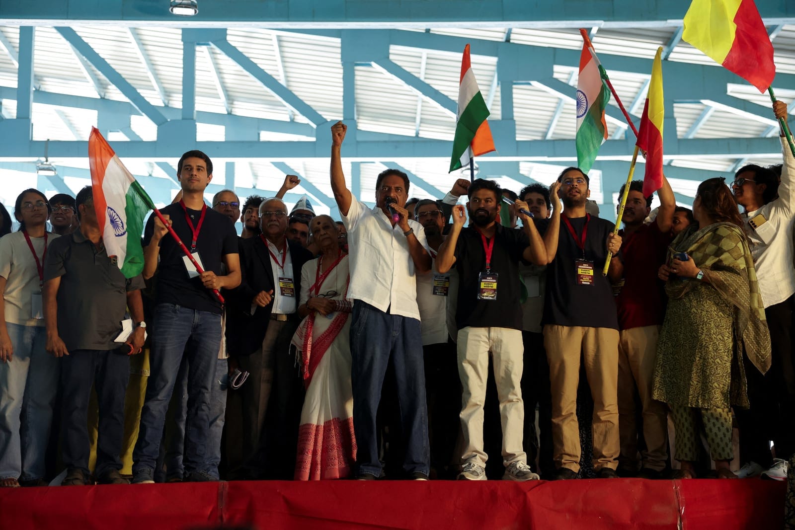 Indian social media influencer and activist Dhruv Rathee, Indian actor Prakash Raj, Cockroach Janta Party founder Abhijeet Dipke and other supporters attend a protest demanding the resignation of the country's election chief Gyanesh Kumar, in Bengalu