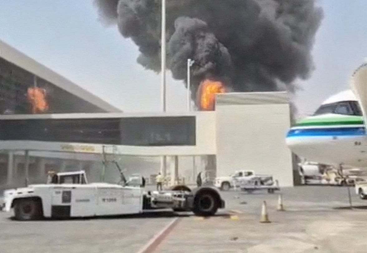 Smoke and flames rise from King Khalid Airport, after Yemen's Iran-backed Houthis said they attacked the airport, in Riyadh, Saudi Arabia, October 8, 2026, in this screengrab obtained from a social media video. Social Media/via REUTERS REUTERS/Social