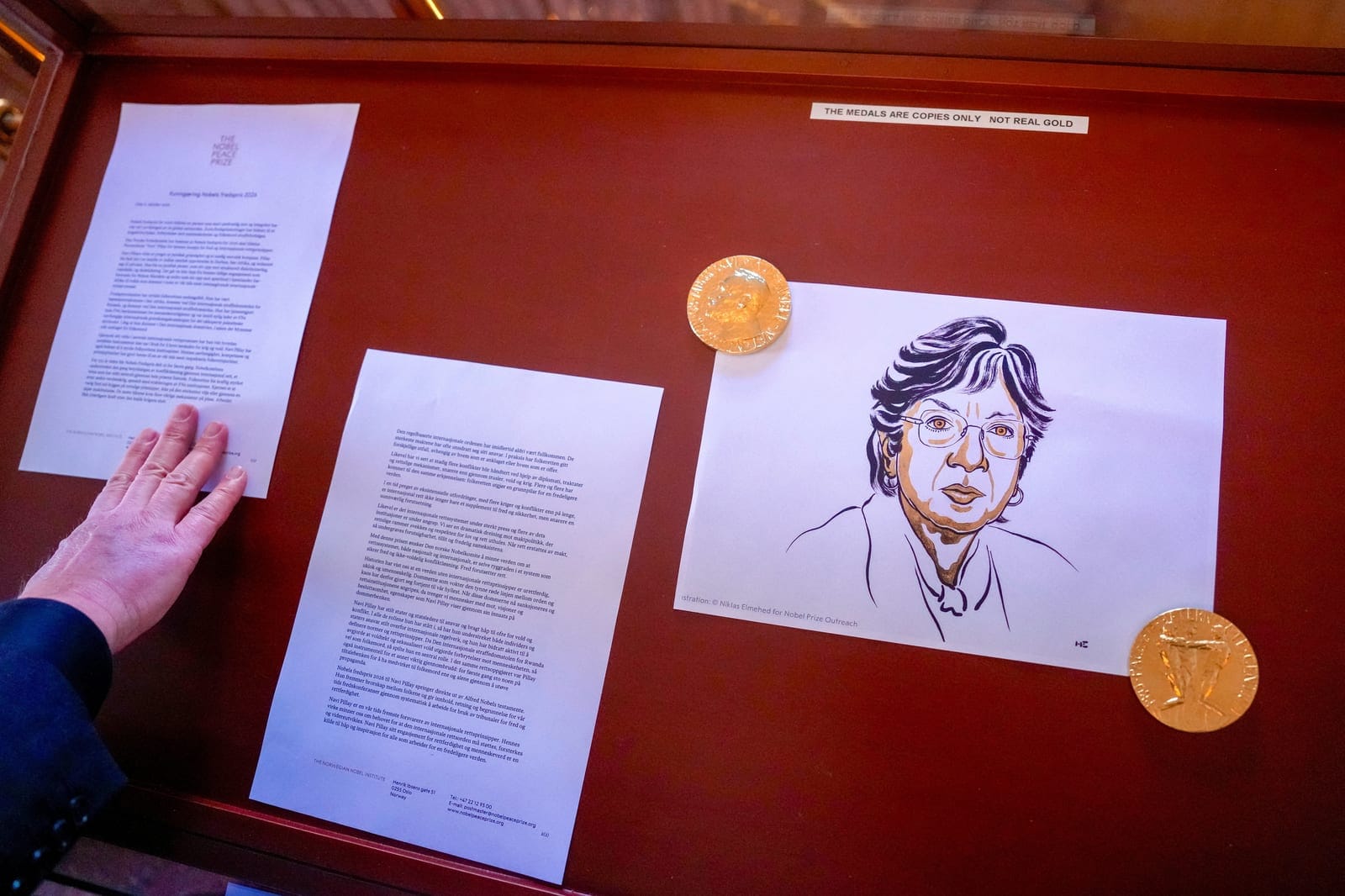 An illustration of Peace Prize laureate Navanethem "Navi" Pillay after the announcement of the Nobel Peace Prize for 2026 at the Norwegian Nobel Institute, in Oslo, Norway October 9, 2026. NTB/Javad Parsa/via REUTERS/Javad Parsa