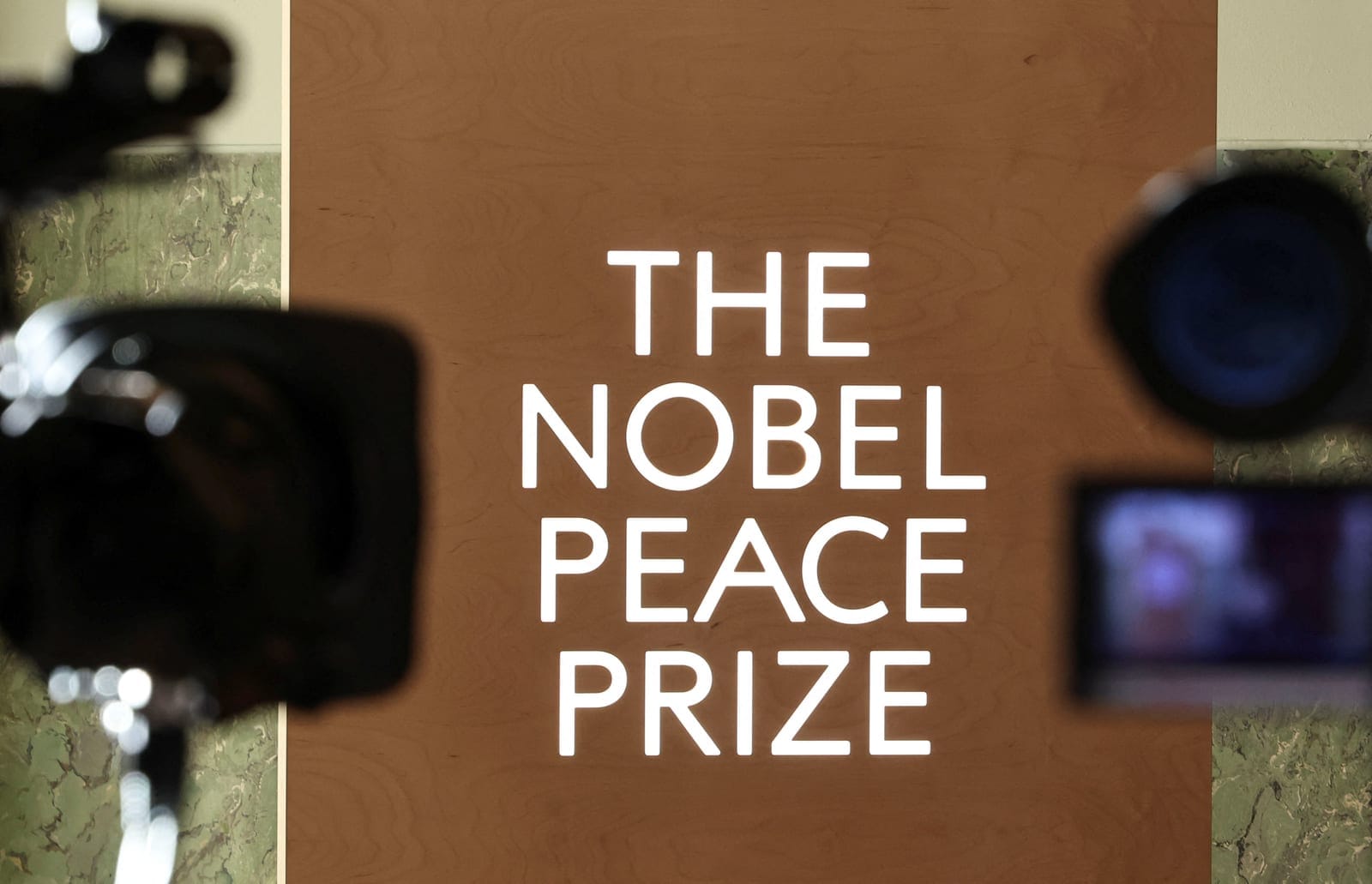A sign that reads "The Nobel Peace Prize" is placed at the Norwegian Nobel Institute, where the laureate of the Nobel Peace Prize is announced, in Oslo, Norway, October 9, 2026. REUTERS/Tom Little