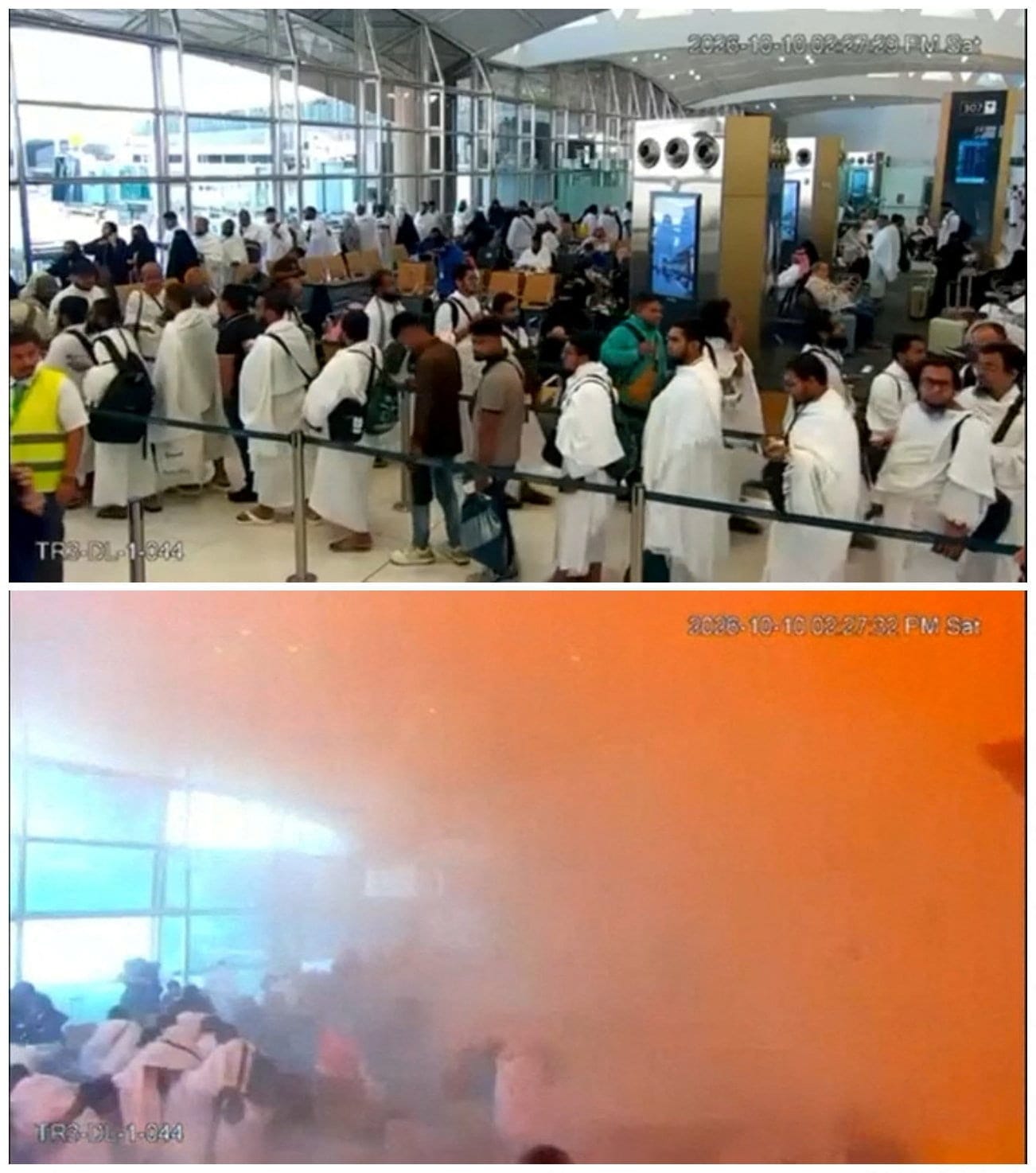 A combination picture shows surveillance footage of people in a queue right before the moment of an attack (top), and people reacting amid smoke at the moment of an attack (bottom), at King Khalid International Airport in Riyadh, Saudi Arabia, Octobe