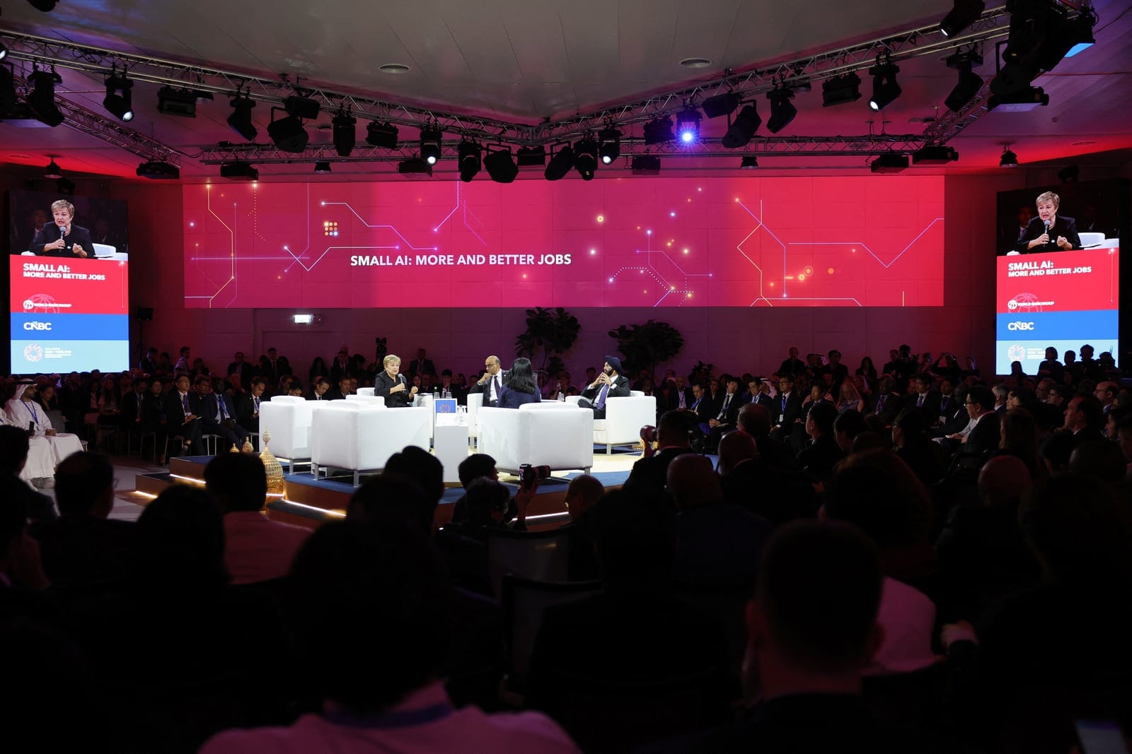 International Monetary Fund (IMF) Managing Director Kristalina Georgieva speaks as Singapore's President Tharman Shanmugaratnam and President of the World Bank Group Ajay Banga look on during the IMF/World Bank 2026 Annual Meetings at the Queen Sirik