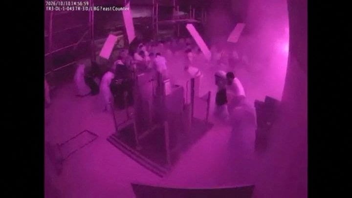 Surveillance footage shows debris falling as people react at the moment of an attack at King Khalid International Airport in Riyadh, Saudi Arabia, October 10, 2026, in this frame from a handout video. Saudi Ministry of Media/Handout via REUTERS REUTE
