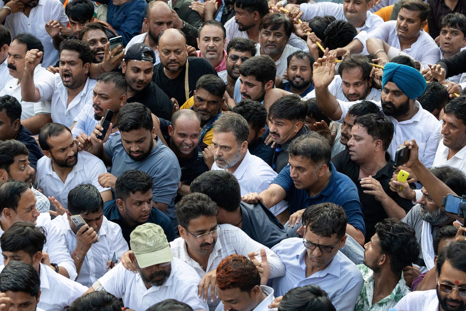 Indian opposition leader Rahul Gandhi with his supporters march to the Supreme Court to protest a controversial revision of voter lists that has sparked days of unrest, in New Delhi, India, October 12, 2026. REUTERS/Adnan Abidi