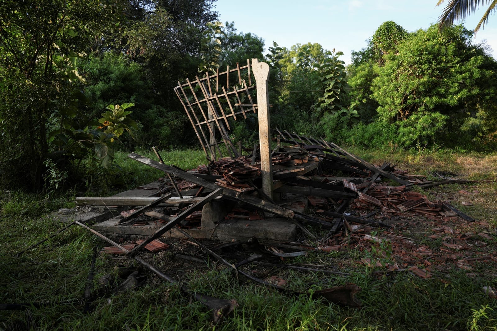 A farmer's hut, which they say was damaged by a wild elephant, in Galgamuwa, Sri Lanka, April 27, 2025. Galgamuwa is on the front line of one of the world's most serious human-elephant conflicts. An average of 138 people have been killed in encounter