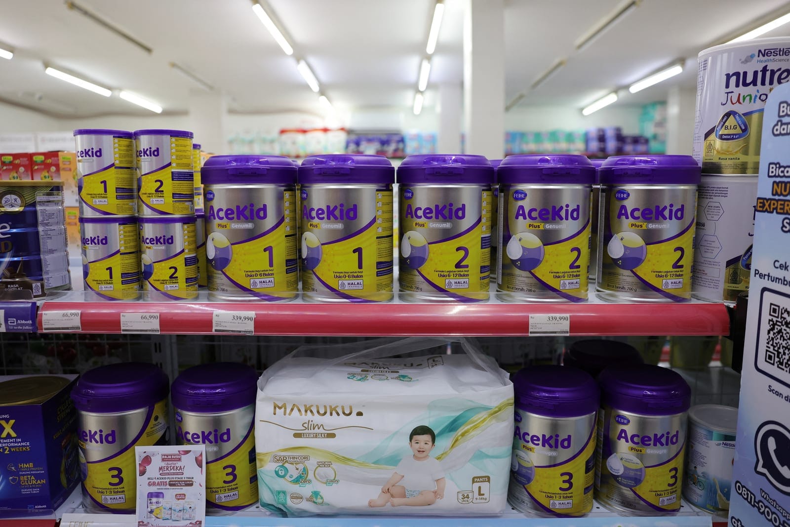 AceKid baby formula produced by Chinese company Feihe, sits on a shelf at a baby shop in Jakarta, Indonesia, August 26, 2026. REUTERS/Willy Kurniawan
