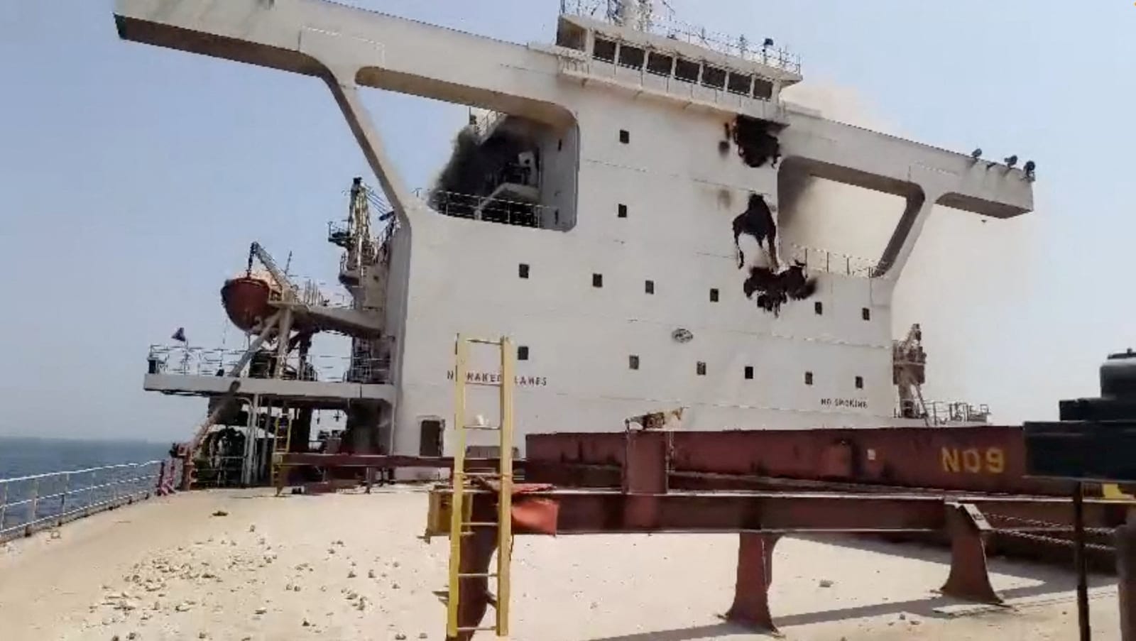 Damage on the superstructure while smoke rises from the bulk carrier vessel Cape Dao after an attack at sea September 23, 2026, in this screen grab obtained from a social media video. Social Media/via REUTERS REUTERS/SOCIAL MEDIA