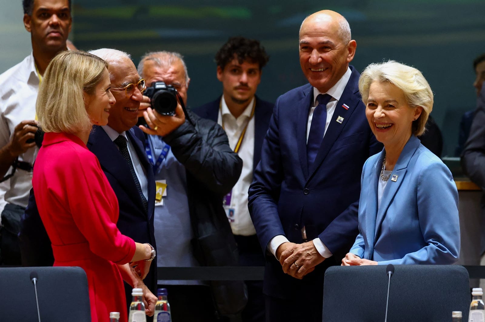European Council President Antonio Costa, European Commission President Ursula von der Leyen, European Commission Vice-President Kaja Kallas and Slovenian Prime Minister Janez Jansa react on the day of the European Union leaders' summit in Brussels, 