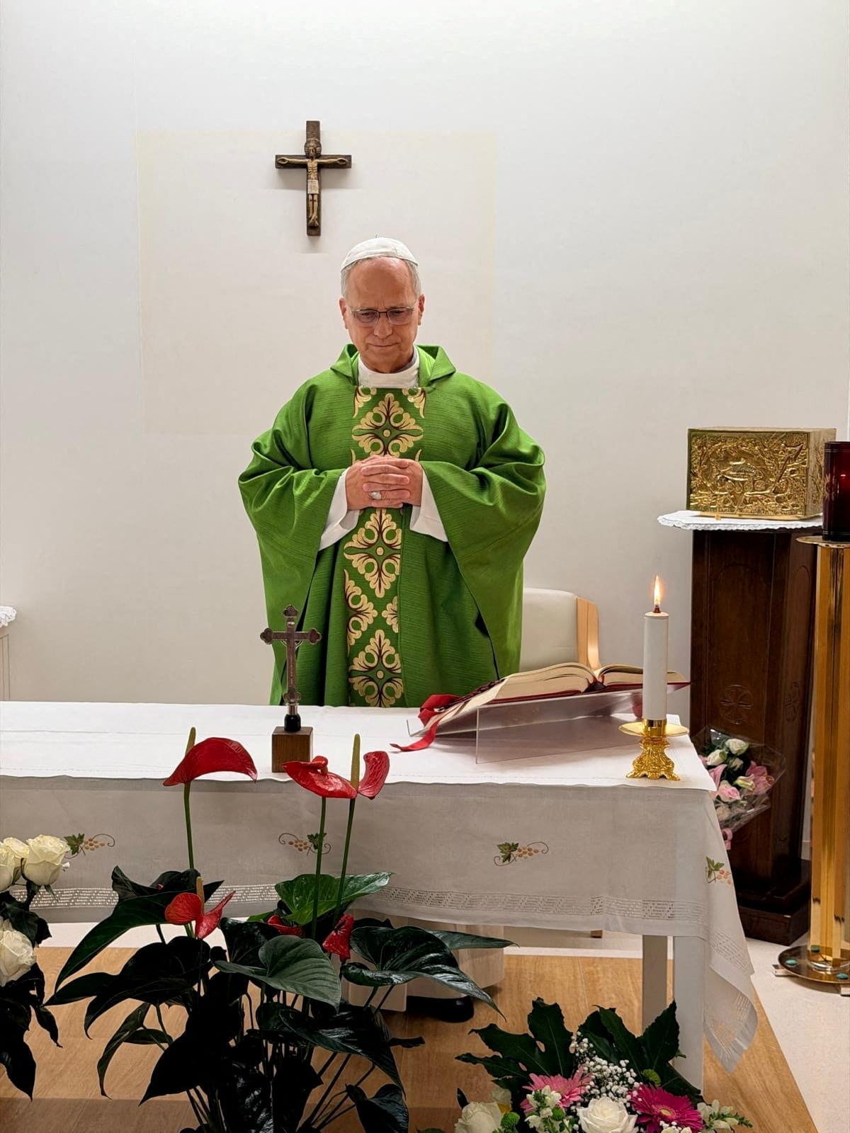 Pope Leo is seen for the first time following his hospitalization for lung cancer diagnosis, as he celebrates Mass in a room of Gemelli Hospital, attended by off-duty medical staff and members of the Vatican Gendarmerie, in Rome, Italy, October 16, 2
