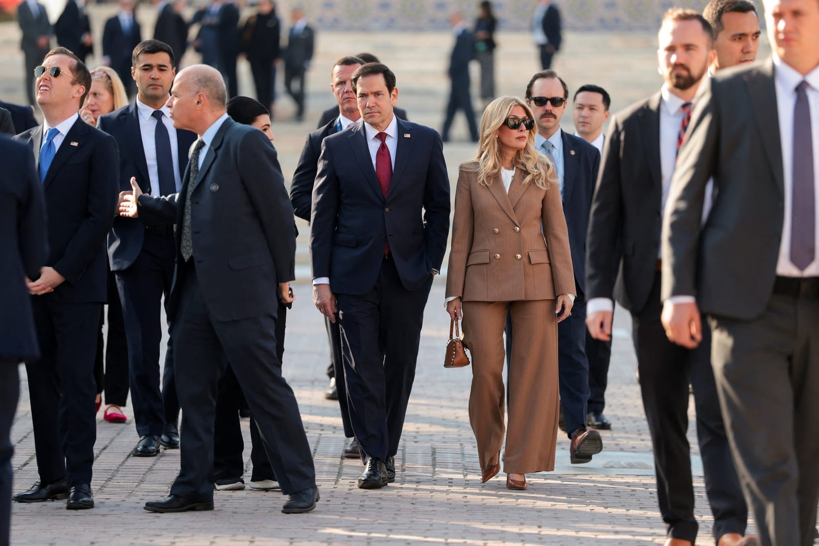 US Secretary of State Marco Rubio and his wife Jeanette Dousdebes Rubio tour the Registan Square, in Samarkand, Uzbekistan, October 19, 2026. REUTERS/Kylie Cooper/Pool