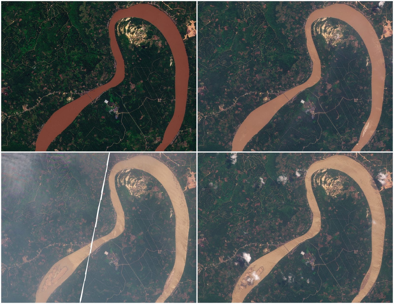 (Clockwise from top left) A combination of satellite images shows the water level of the Kapuas River in Sanggau Regency, West Kalimantan Province, Indonesia, July 14, 2026, August 6, 2026, August 16, 2026 and August 28, 2026. 2026 PLANET LABS PBC/Ha
