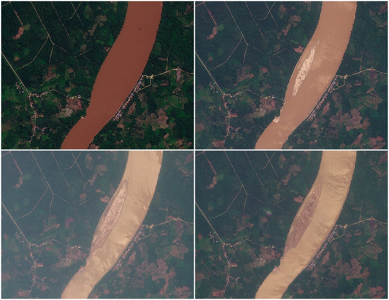 (Clockwise from top left) A combination of satellite images shows a closer view of the water level of the Kapuas River in Sanggau Regency, West Kalimantan Province, Indonesia, July 14, 2026, August 6, 2026, August 16, 2026 and August 28, 2026. 2026 P