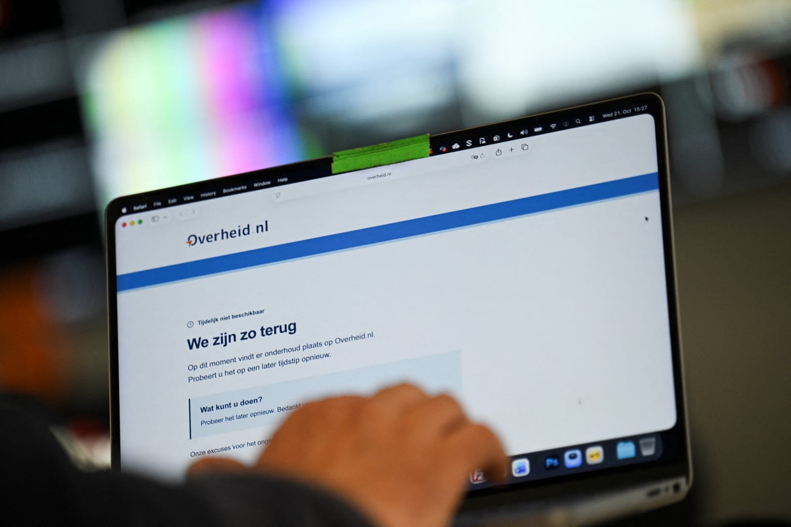 A screen displays the unavailable Dutch government website, mijn.overheid.nl, as cyber agencies warn that websites may be taken offline while PHP prepares a critical fix, in Berlin, Germany, October 21, 2026. REUTERS/Annegret Hilse
