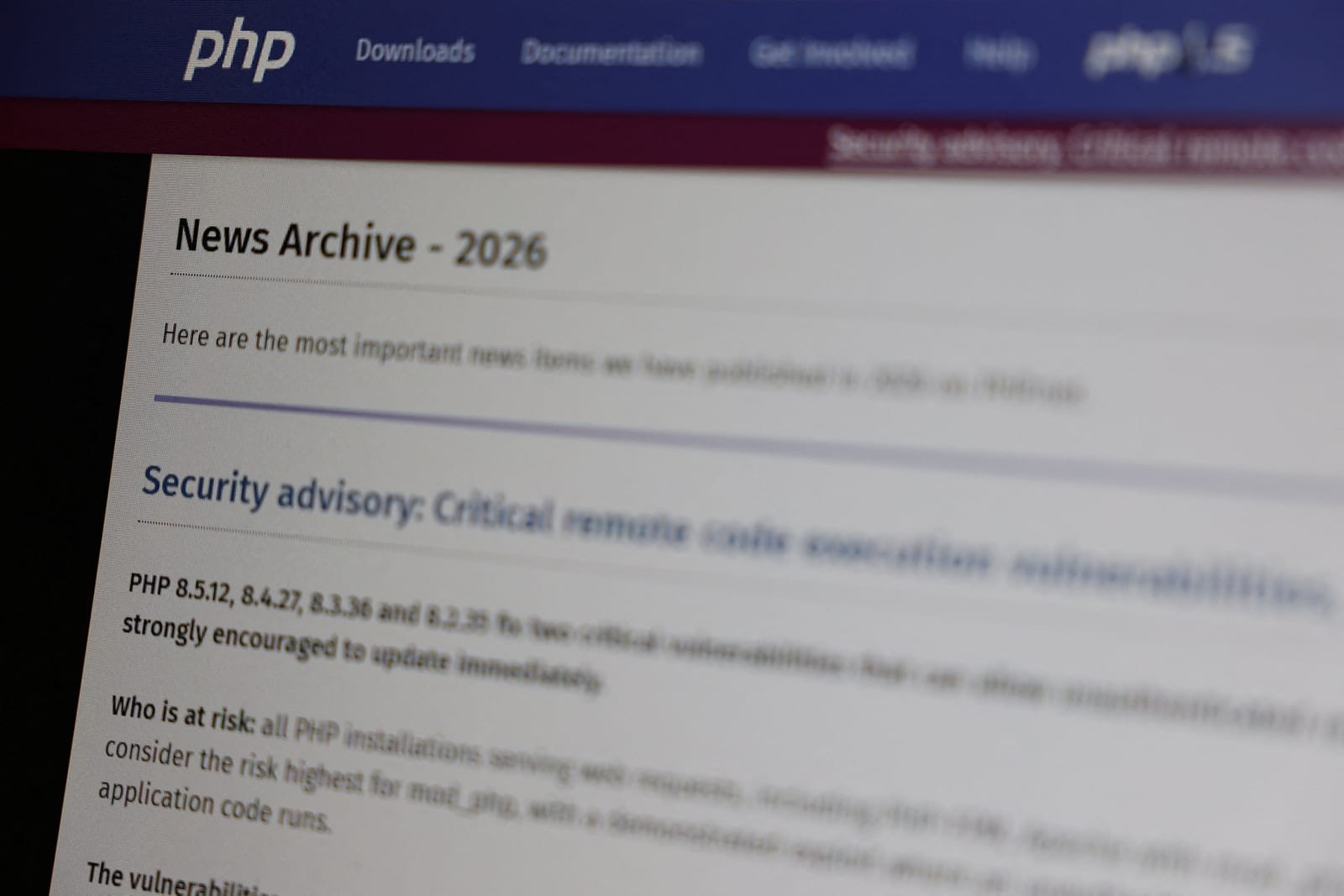 Security advisory is displayed at the PHP website on a computer in Guernica, Spain, October 22, 2026. Government websites across Europe went dark on October 21, as operators raced to patch two critical vulnerabilities in PHP, one of the most widely u