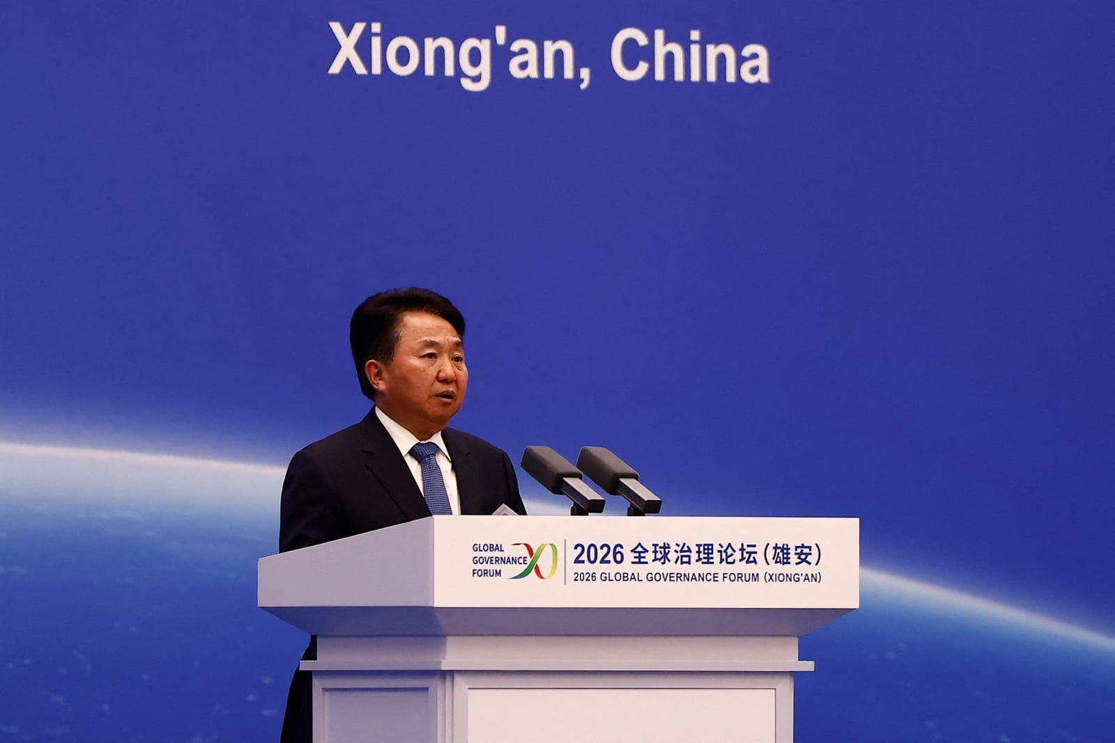 Luo Wen, Secretary of the CPC Hebei Provincial Committee, delivers the speech during the opening ceremony for the inaugural Global Governance Forum in Xiongan New Area, Hebei province, China, October 23, 2026. REUTERS/Maxim Shemetov