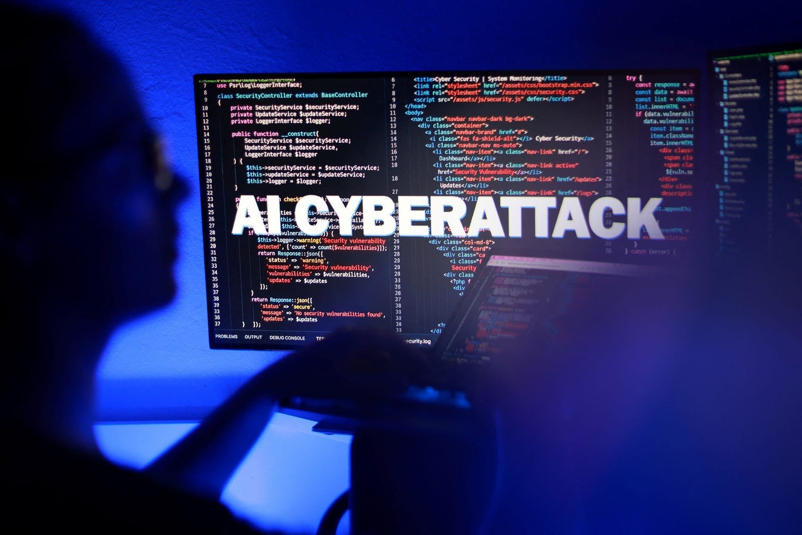 The words "AI Cyberattack" and PHP code are displayed on a screen in this illustration taken on October 22, 2026. REUTERS/Dado Ruvic/Illustration