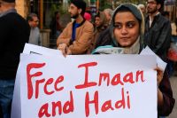 Protest in solidarity with human rights activist and lawyer, Imaan Mazari and her husband after court convicted them on charges of anti-state social media posts, during a protest in Karachi