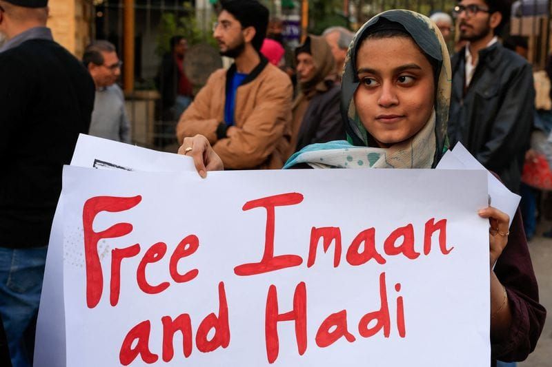 Protest in solidarity with human rights activist and lawyer, Imaan Mazari and her husband after court convicted them on charges of anti-state social media posts, during a protest in Karachi