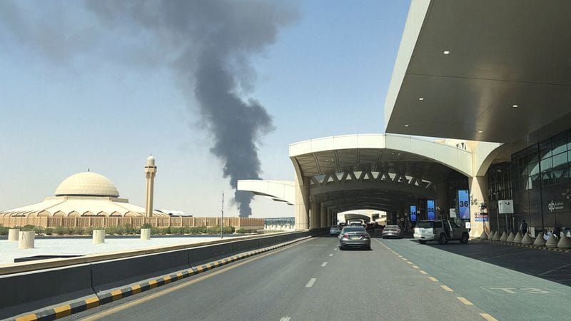 Large plume of black smoke rises from the fuel storage depot at King Khalid International Airport, in Riyadh