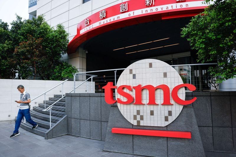 The logo of Taiwan Semiconductor Manufacturing Company (TSMC) is displayed outside of TSMC Museum of Innovation in Hsinchu