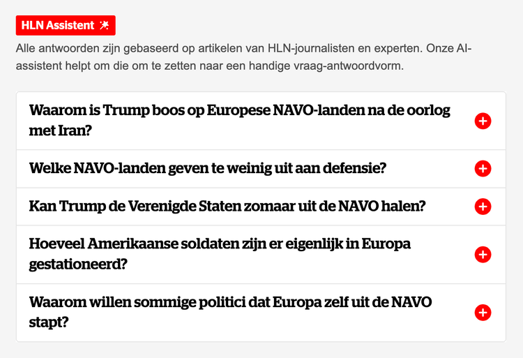 Vlaamse nieuwssite HLN verrijkt artikelen met contextblokjes die door een taalmodel worden geschreven