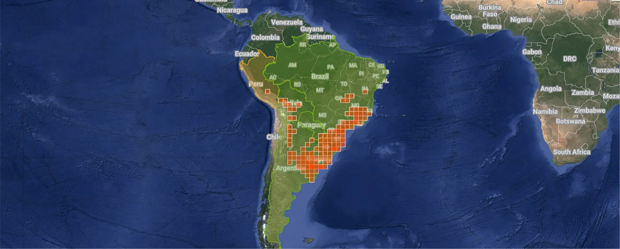 Distribution map of Rothschildia moth observations in South America based on iNaturalist data, used as research reference for a scientific illustration project.