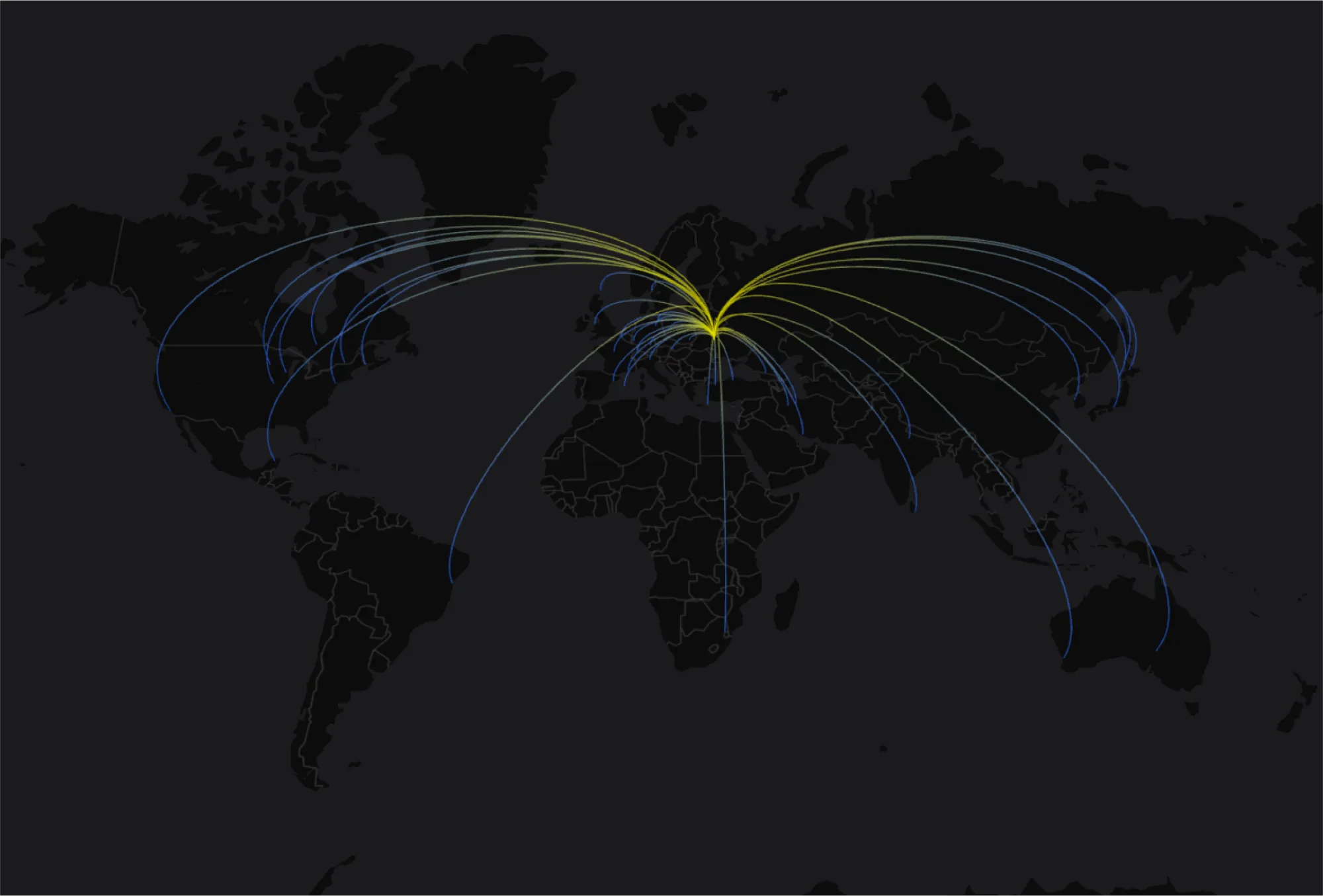 World map showing curved connection lines from musicians around the world toward Ukraine for a solidarity music initiative.
