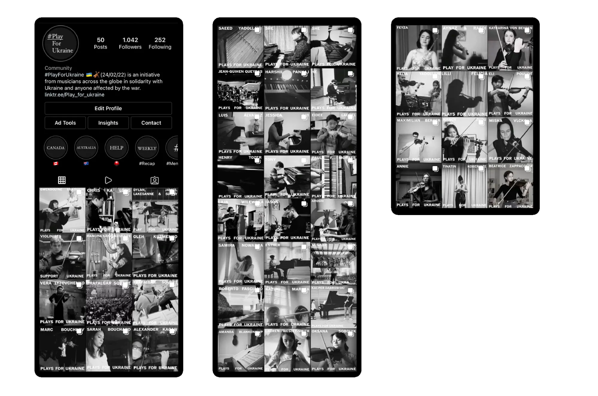 Play for Ukraine Instagram profile and video grid, showing musicians from different countries performing in solidarity with Ukraine.