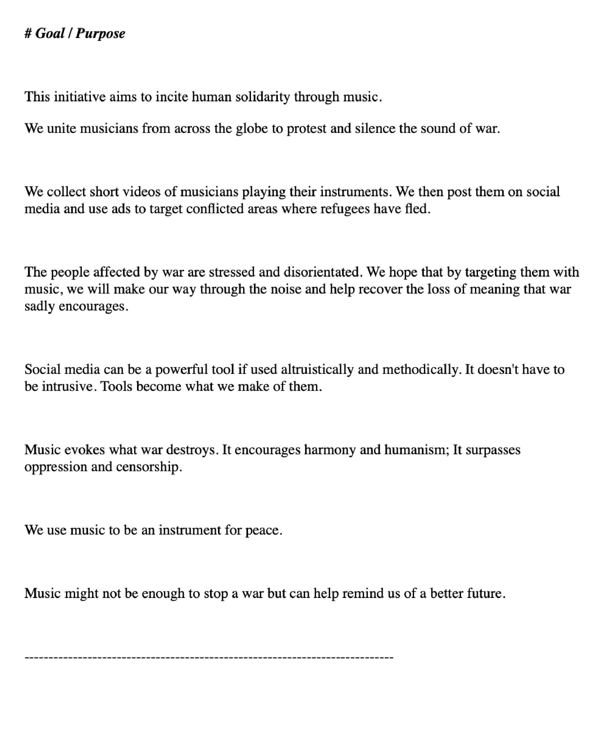Text document explaining the goal of Play for Ukraine, a music initiative using short performance videos to support people affected by war.