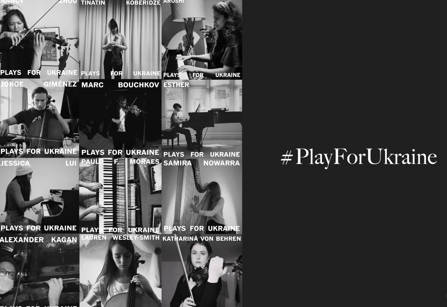 Black-and-white collage of musicians playing instruments for the Play for Ukraine solidarity initiative, with the hashtag #PlayForUkraine displayed on the right.