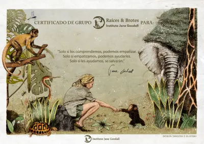 Certificate design for Jane Goodall’s Roots & Shoots featuring Jane Goodall, a young chimpanzee, tropical plants, a monkey, a turtle, and an elephant.