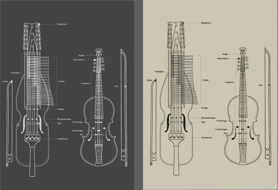 Hardingfele and nyckelharpa vector design draft. Tawatha T. Elguero.