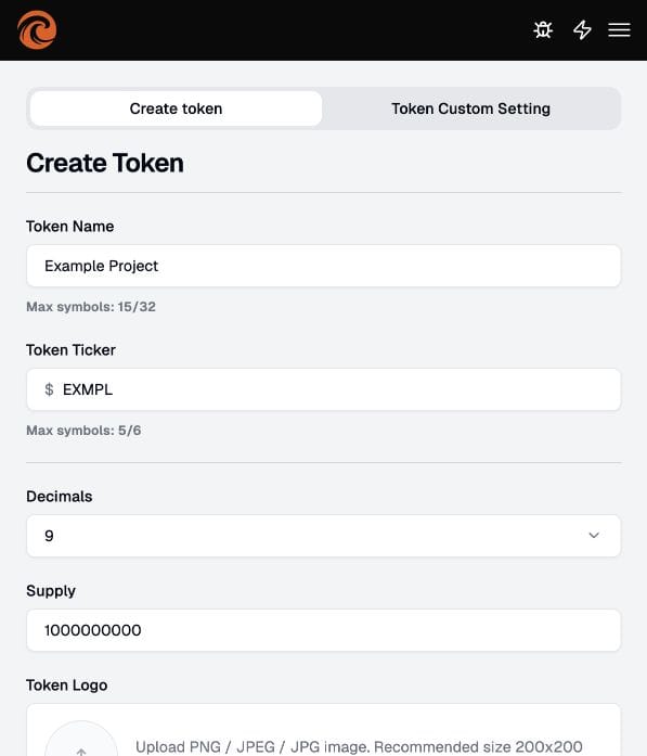 Tsunammi Create Token form with example name, ticker, decimals and supply