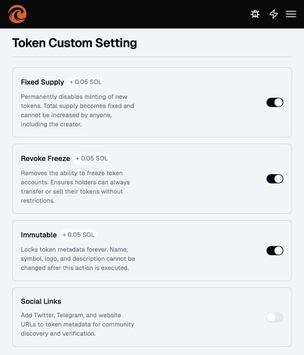 Tsunammi Token Custom Setting screen showing Fixed Supply, Revoke Freeze, Immutable and Social Links