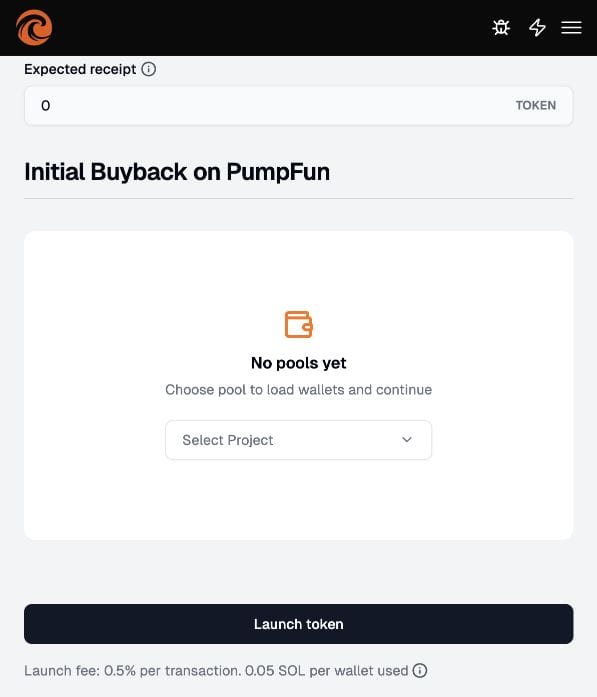 Tsunammi Pump.fun launch screen showing wallet pool selection and launch summary