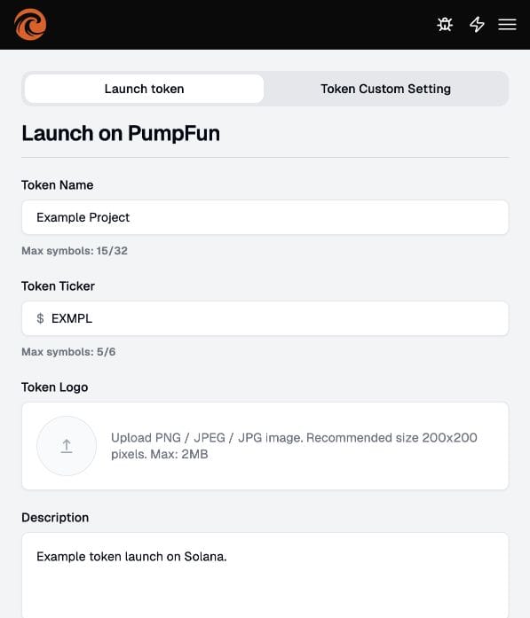 Tsunammi Launch on PumpFun form with token name, ticker, logo and description
