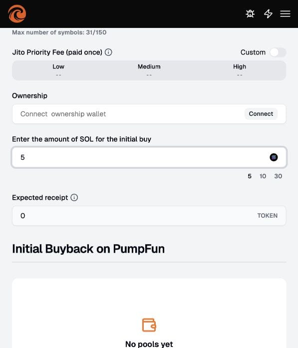 Tsunammi Pump.fun launch screen showing Jito fee, ownership wallet and initial buy