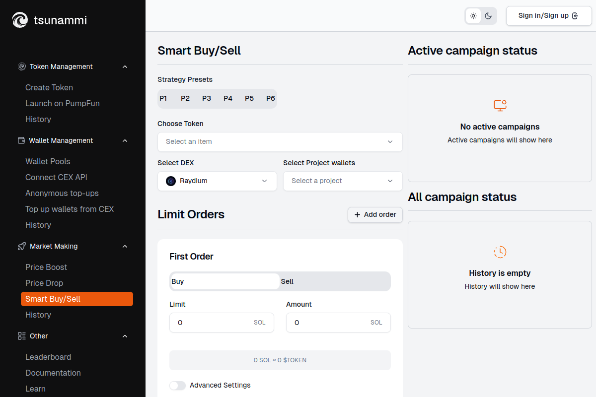 Smart Buy/Sell interface in Tsunammi Tools