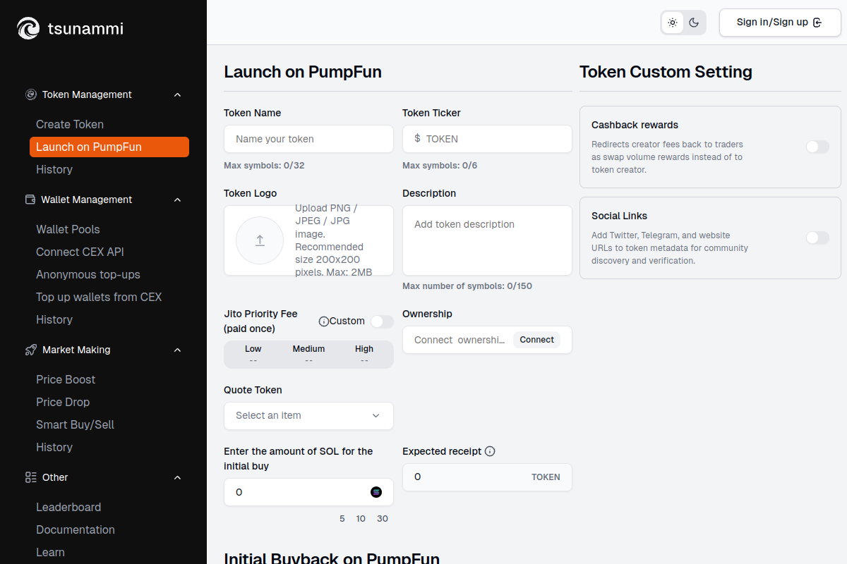 Launch on PumpFun interface in Tsunammi Tools