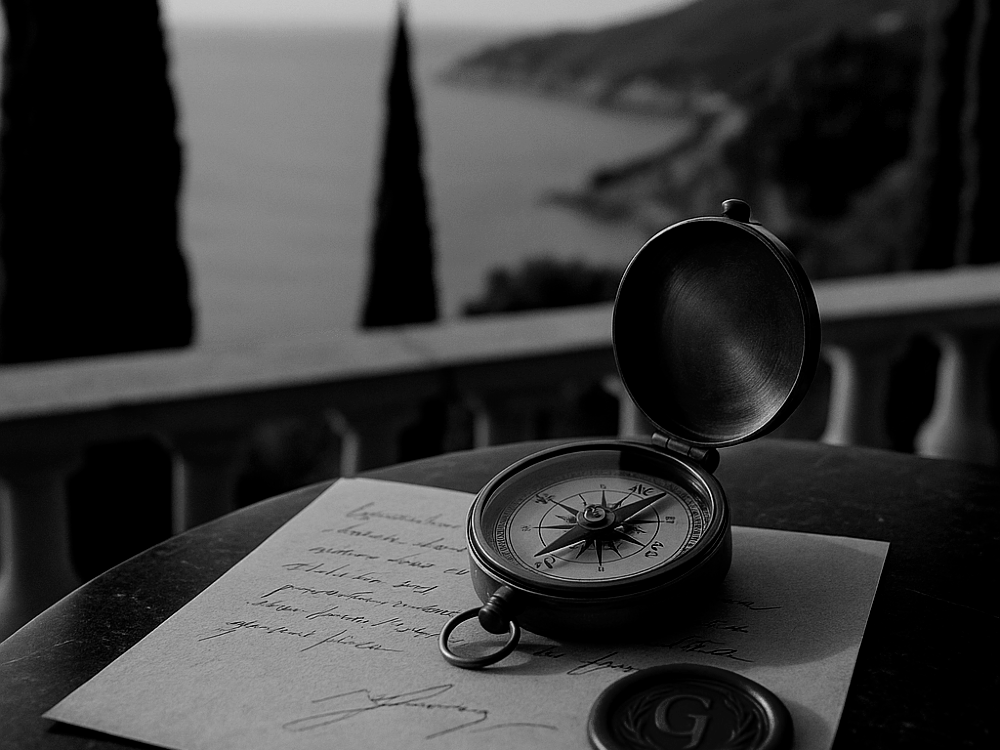 Brújula antigua encima de una carta con un sello, de fondo vistas al mar.