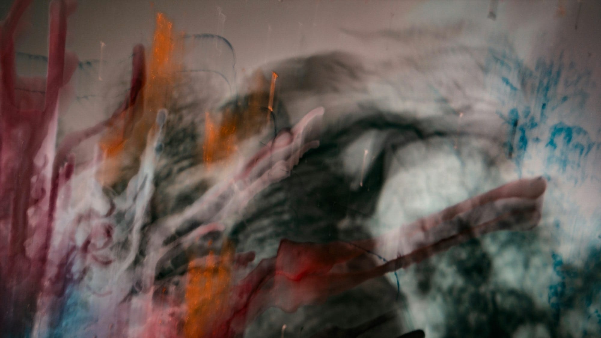 white red and black abstract painting